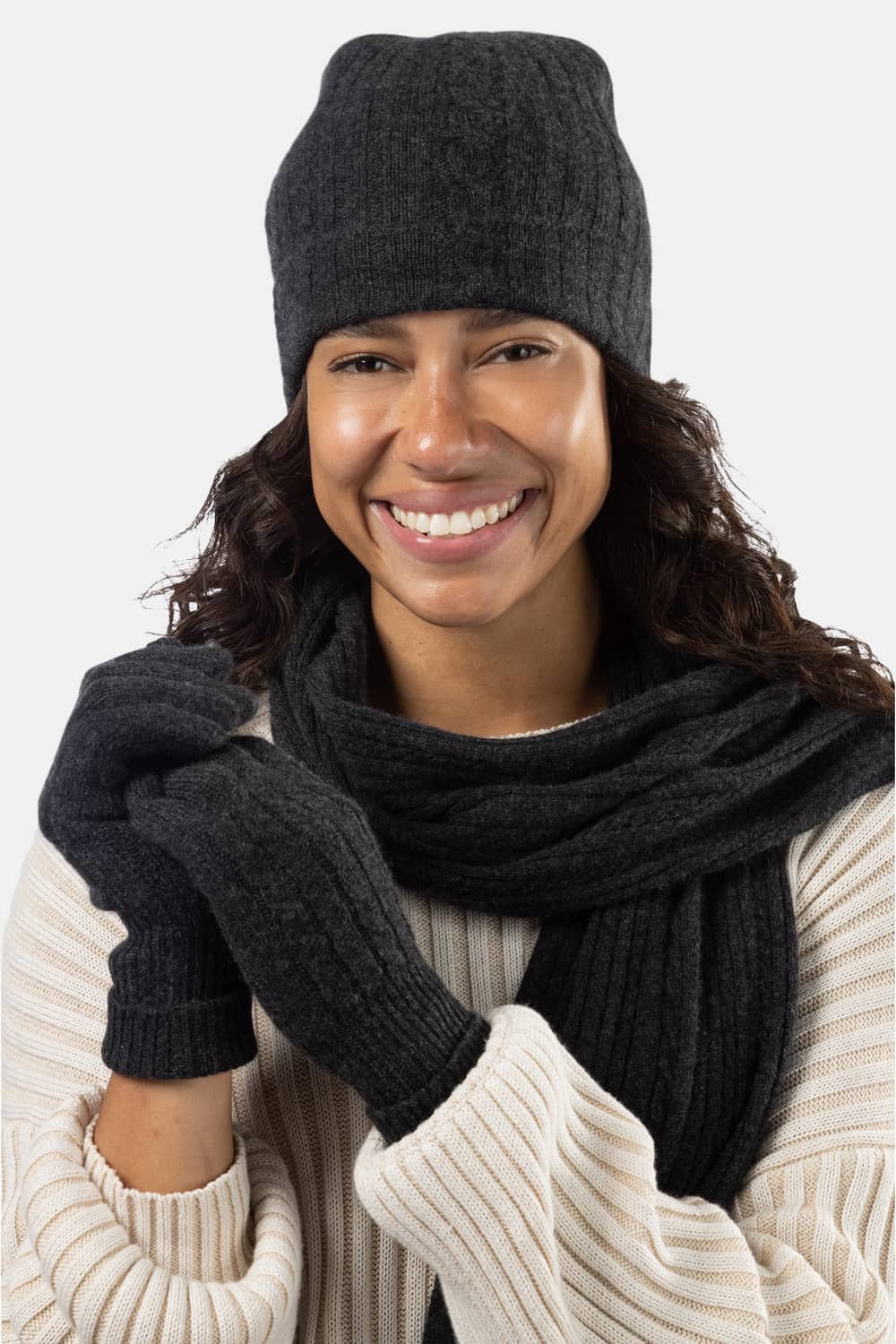 Women's 3pc 100% Pure Cashmere Cable Knit Hat Glove Scarf Set with Gift Box Womens>Accessories>Cashmere Set Fishers Finery