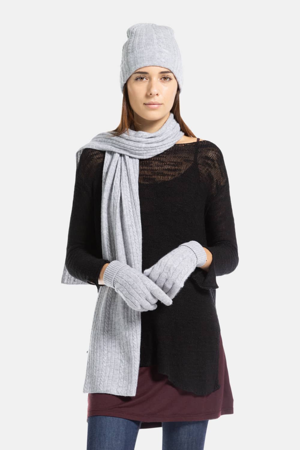 Women's 3pc 100% Pure Cashmere Cable Knit Hat Glove Scarf Set with Gift Box Womens>Accessories>Cashmere Set Fishers Finery