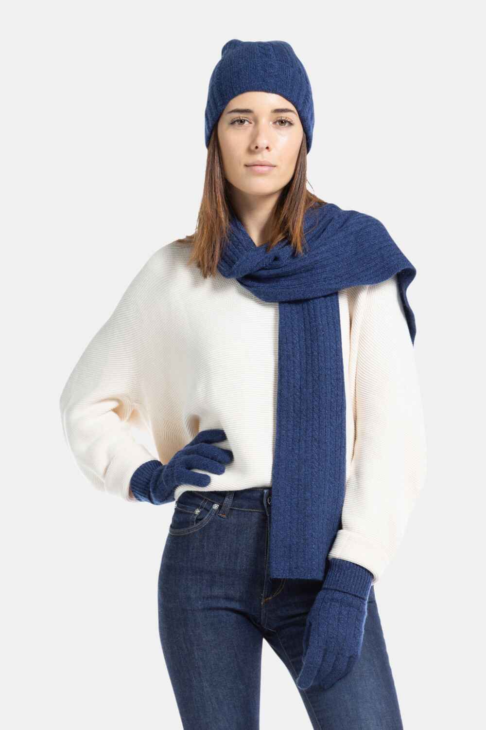 Women's 3pc 100% Pure Cashmere Cable Knit Hat Glove Scarf Set with Gift Box Womens>Accessories>Cashmere Set Fishers Finery 