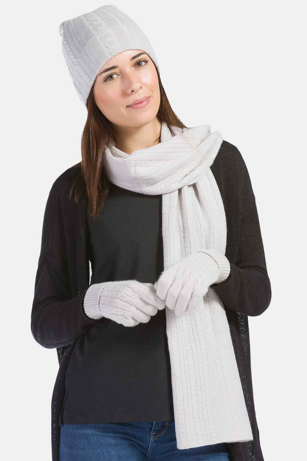 Women's 3pc 100% Pure Cashmere Cable Knit Hat Glove Scarf Set with Gift Box Womens>Accessories>Cashmere Set Fishers Finery 