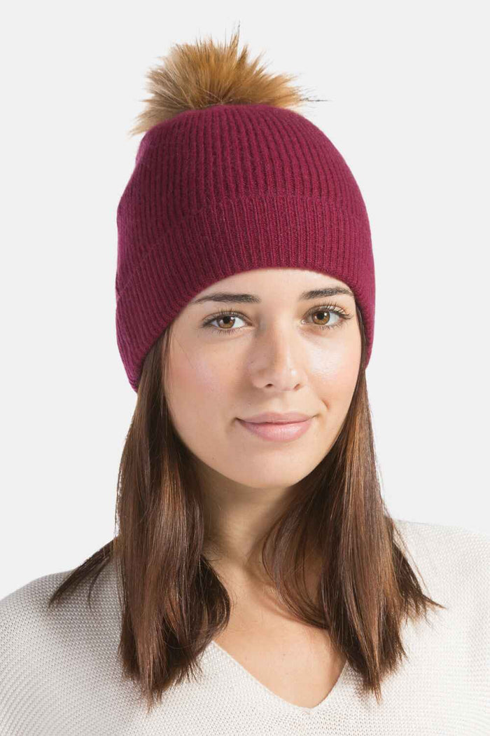 Women's 100% Pure Cashmere Pom Beanie Hat Womens>Accessories>Hat Fishers Finery Cabernet One Size 