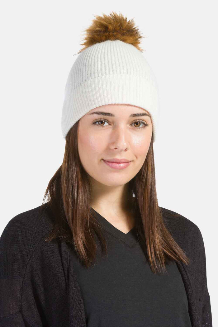 Women's 100% Pure Cashmere Pom Beanie Hat Womens>Accessories>Hat Fishers Finery Cream One Size 