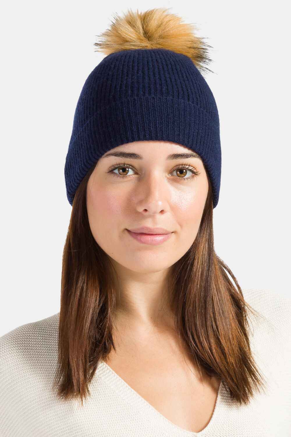 Women's 100% Pure Cashmere Pom Beanie Hat Womens>Accessories>Hat Fishers Finery Navy One Size 