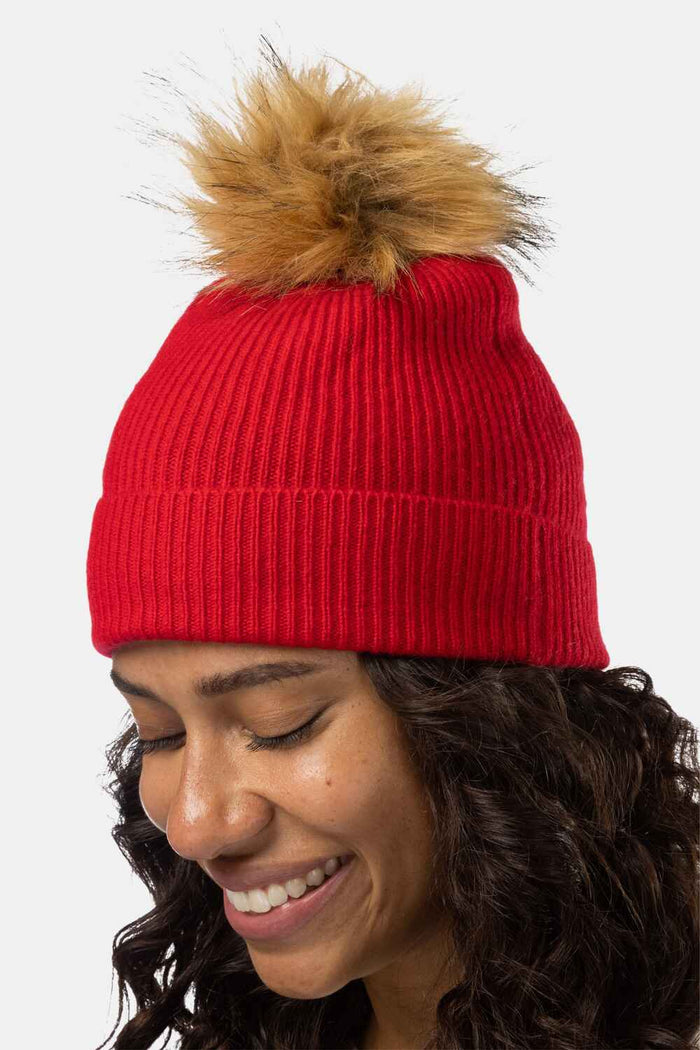 Women's 100% Pure Cashmere Pom Beanie Hat Womens>Accessories>Hat Fishers Finery Cardinal Red One Size 