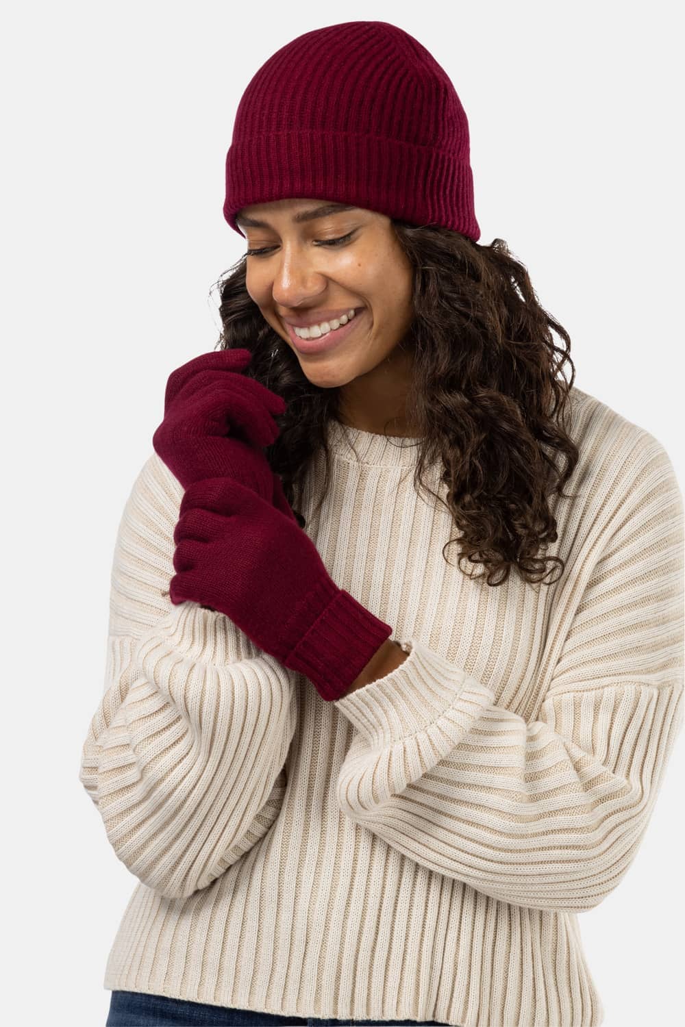 Women's 2pc 100% Cashmere Ribbed Beanie Hat & Glove Set with Gift Box Womens>Accessories>Cashmere Set Fishers Finery 