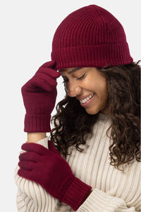 Women's 2pc 100% Cashmere Ribbed Beanie Hat & Glove Set with Gift Box Womens>Accessories>Cashmere Set Fishers Finery Cabernet 