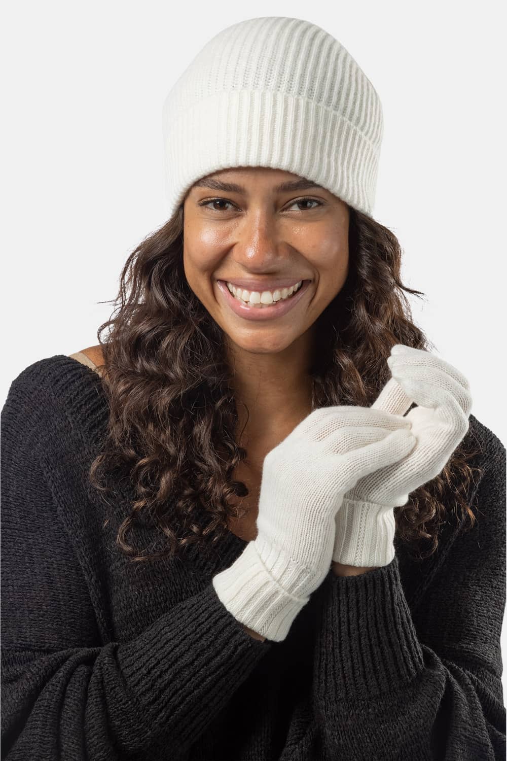 Women's 2pc 100% Cashmere Ribbed Beanie Hat & Glove Set with Gift Box Womens>Accessories>Cashmere Set Fishers Finery Cream 