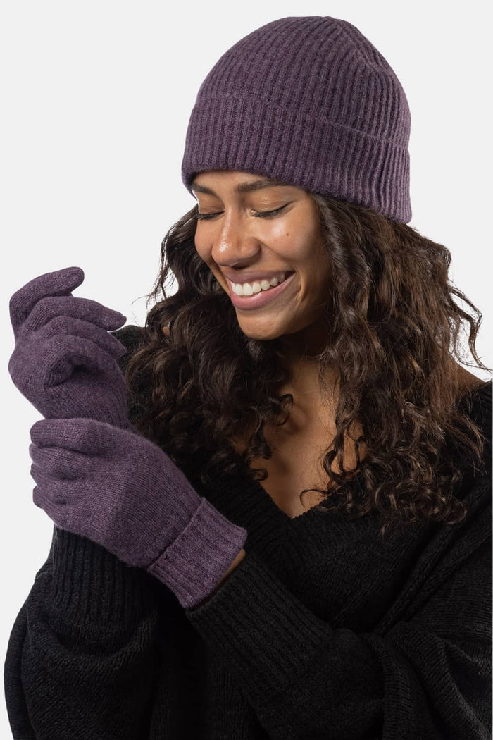 Women's 2pc 100% Cashmere Ribbed Beanie Hat & Glove Set with Gift Box Womens>Accessories>Cashmere Set Fishers Finery Eggplant 