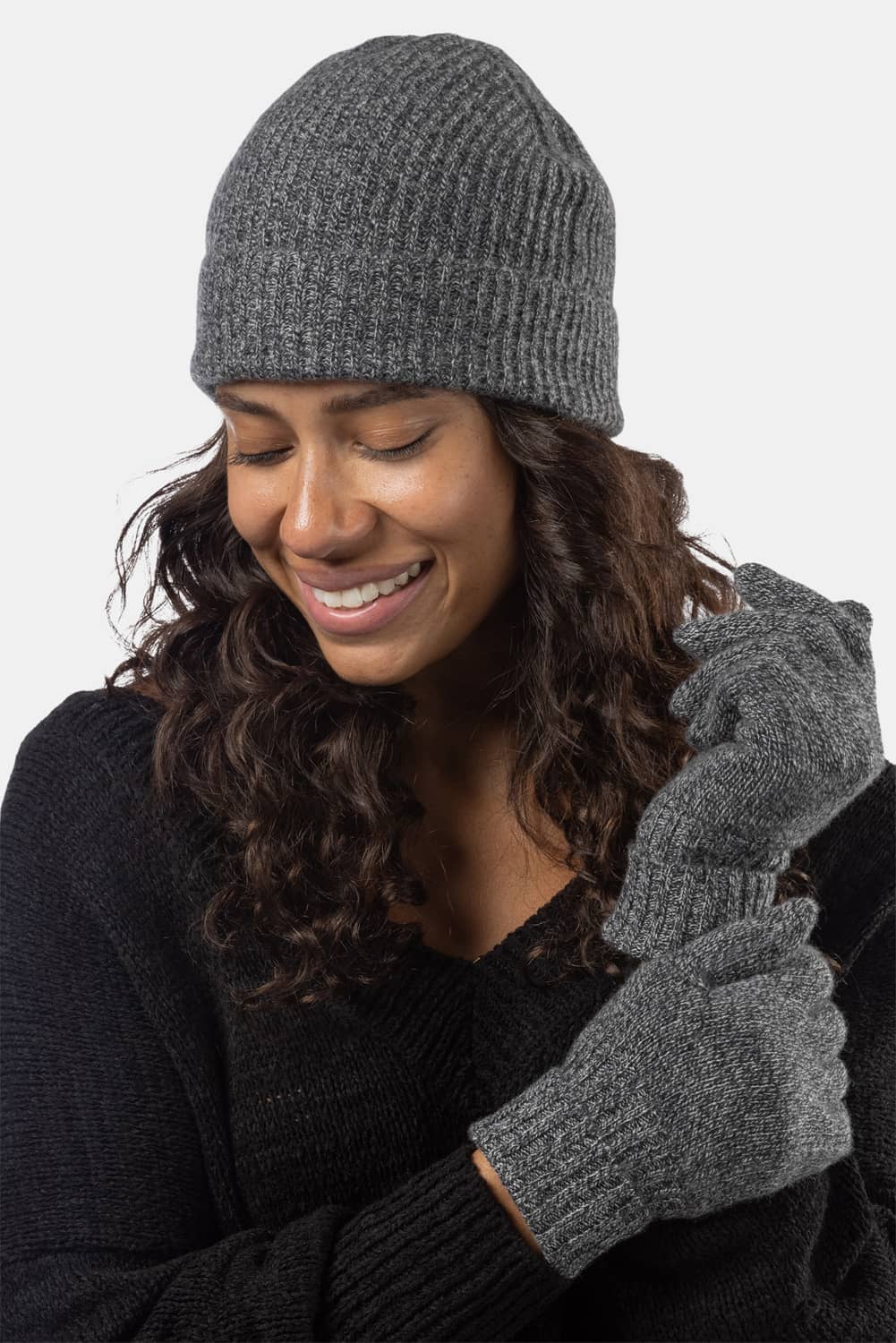 Women's 2pc 100% Cashmere Ribbed Beanie Hat & Glove Set with Gift Box Womens>Accessories>Cashmere Set Fishers Finery Heather Gray 