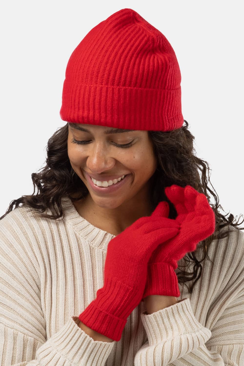 Women's 2pc 100% Cashmere Ribbed Beanie Hat & Glove Set with Gift Box Womens>Accessories>Cashmere Set Fishers Finery Cardinal Red 