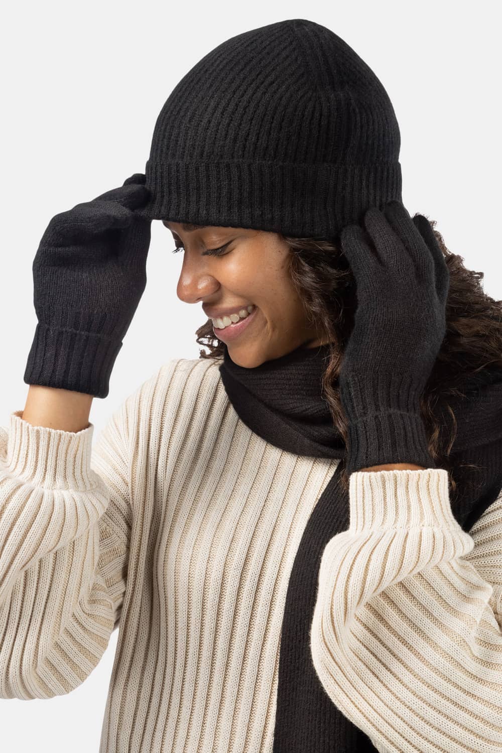 Women's 3pc 100% Cashmere Ribbed Beanie, Glove & Scarf Set with Gift Box Womens>Accessories>Cashmere Set Fishers Finery 