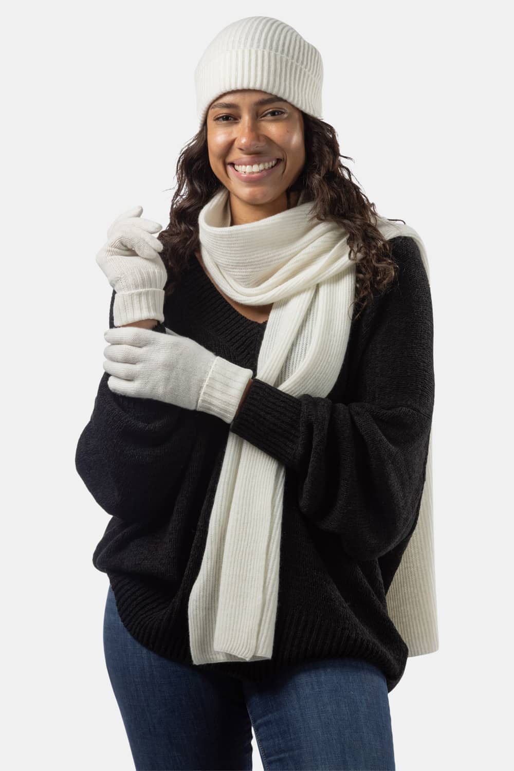 Women's 3pc 100% Cashmere Ribbed Beanie, Glove & Scarf Set with Gift Box Womens>Accessories>Cashmere Set Fishers Finery Cream 