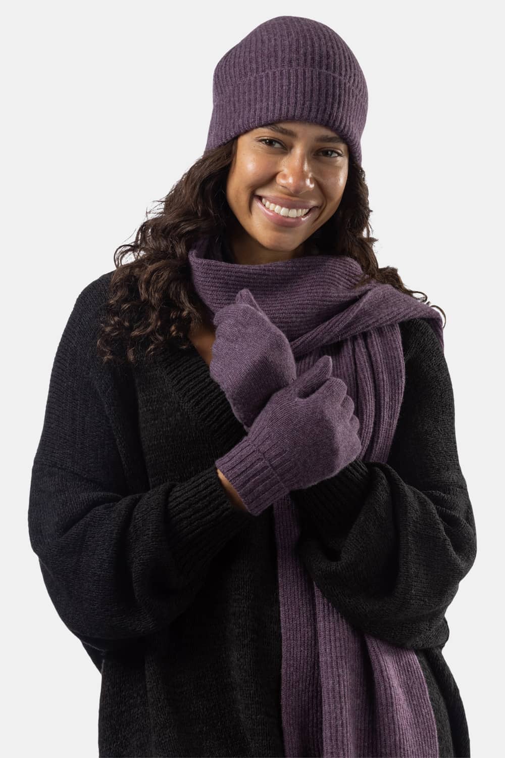 Women's 3pc 100% Cashmere Ribbed Beanie, Glove & Scarf Set with Gift Box Womens>Accessories>Cashmere Set Fishers Finery Eggplant 