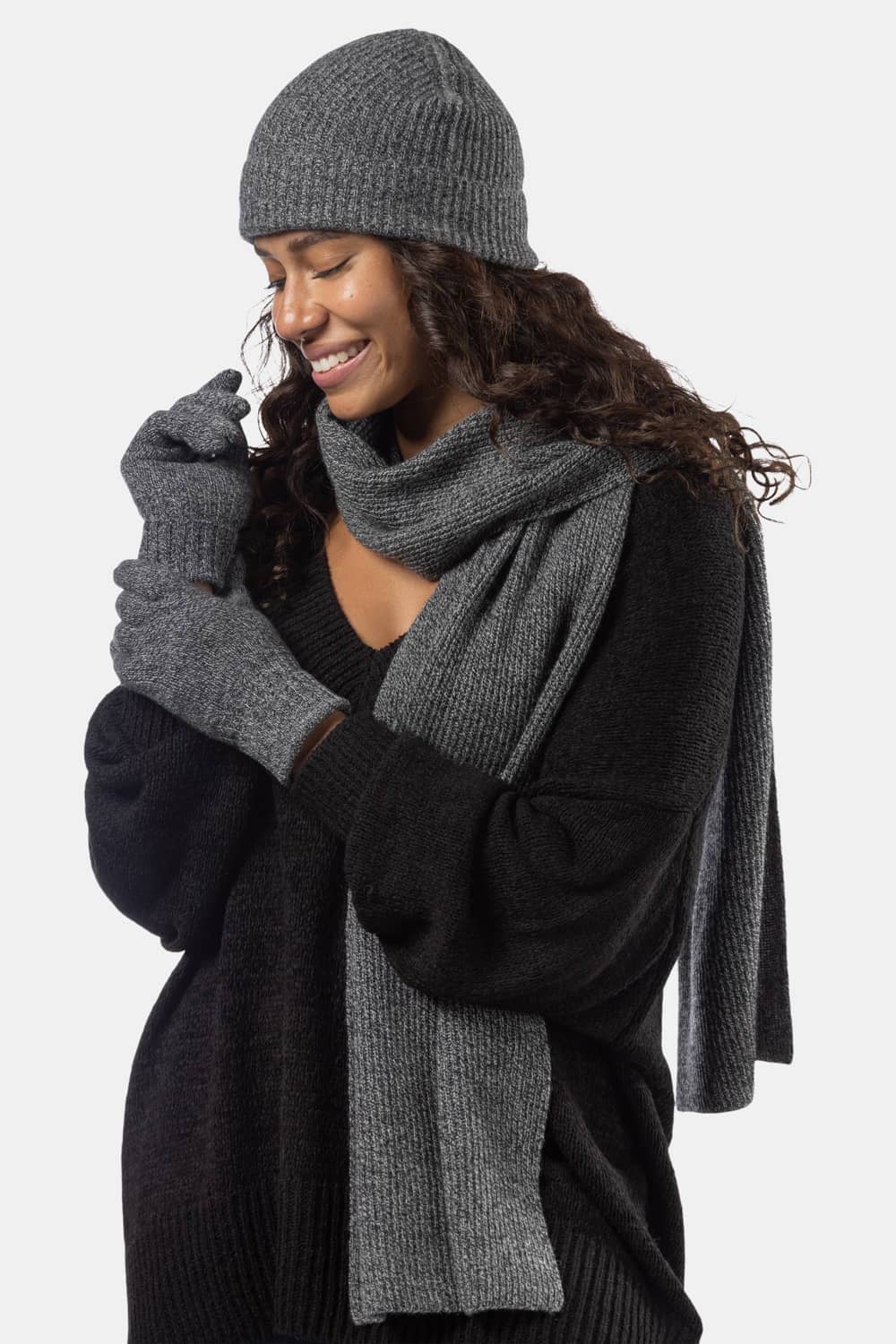 Women's 3pc 100% Cashmere Ribbed Beanie, Glove & Scarf Set with Gift Box Womens>Accessories>Cashmere Set Fishers Finery Heather Gray 