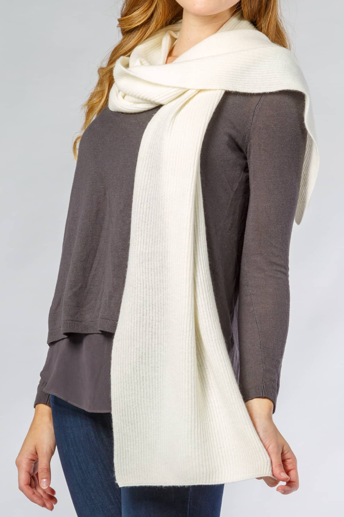 Women's 100% Pure Cashmere Ribbed Knit Scarf with Gift Box Womens>Accessories>Scarf Fishers Finery Cream 