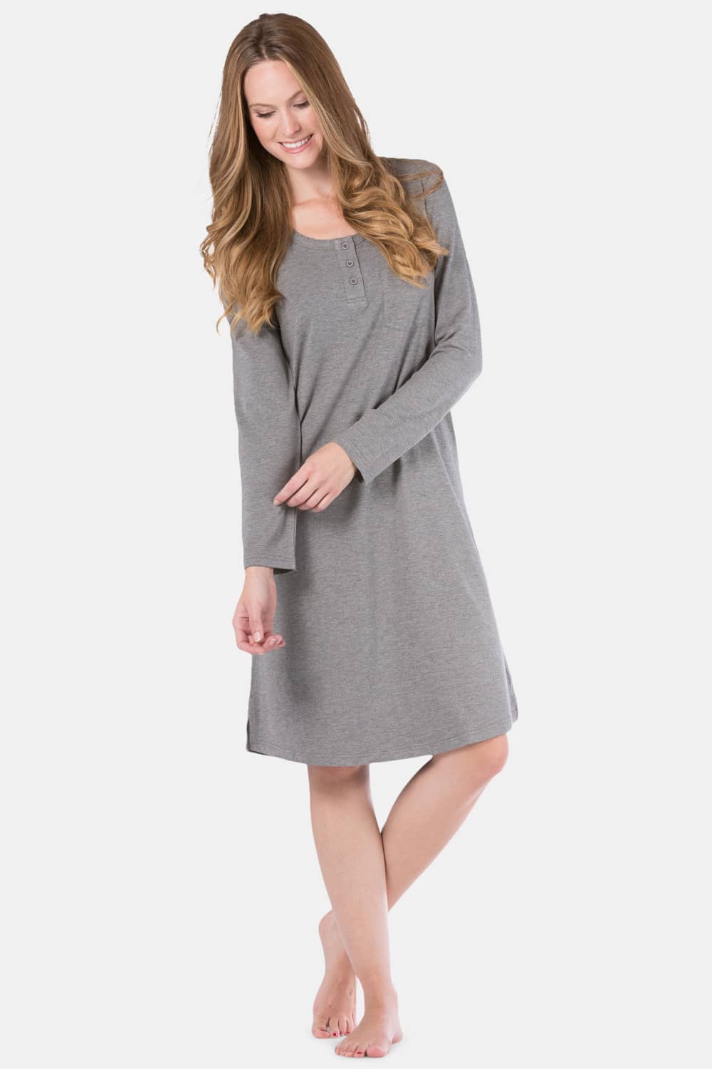 Women's EcoFabric™ Below Knee Henley Nightshirt Womens>Sleep and Lounge>Nightgown Fishers Finery Light Heather Gray X-Small 