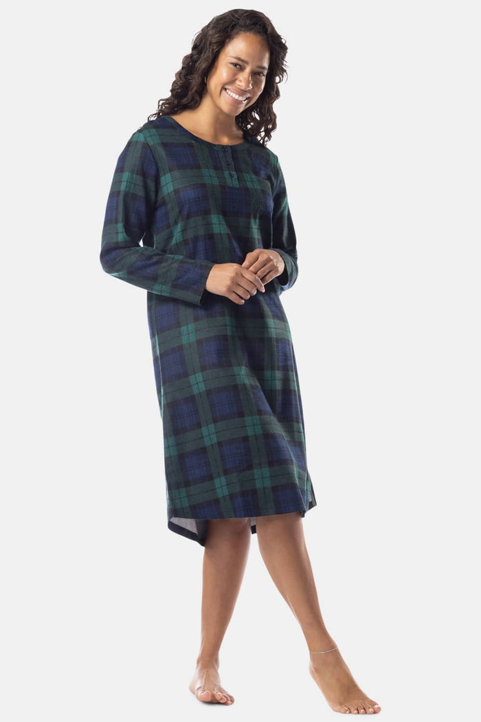 Women's EcoFlannel™ Below Knee Henley Nightshirt Womens>Sleep and Lounge>Nightgown Fishers Finery Green Navy Plaid X-Small