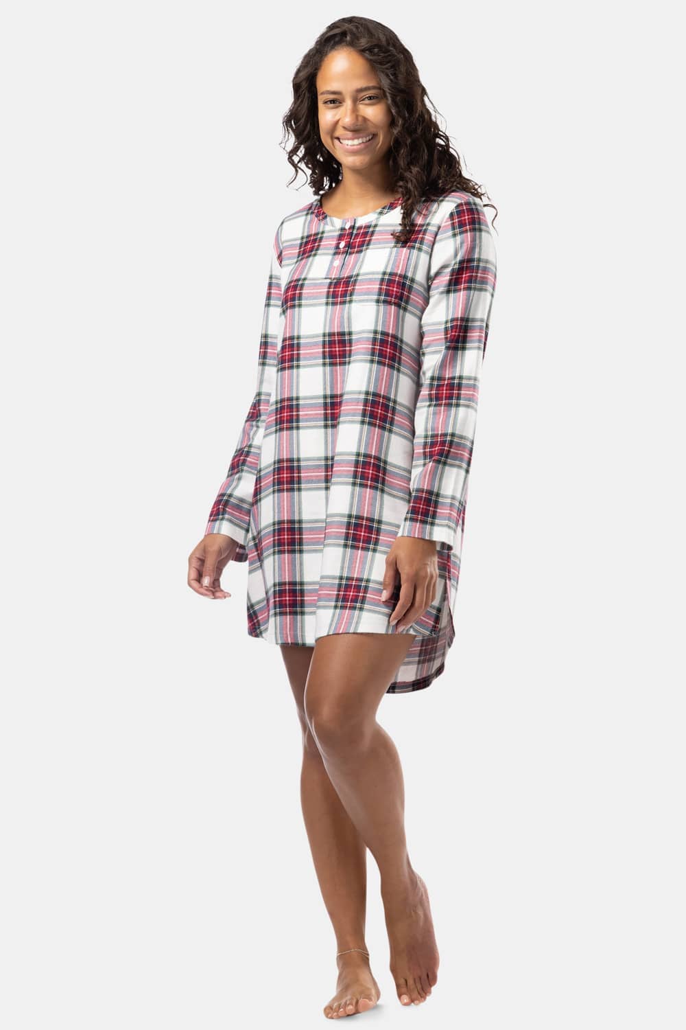 Women's EcoFlannel™ Above Knee Henley Nightshirt Womens>Sleep and Lounge>Nightgown Fishers Finery Red White Plaid X-Small