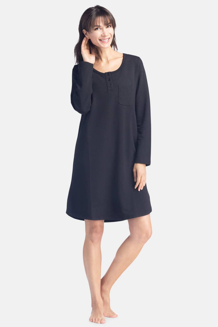 Women's EcoFleece™ Above Knee Henley Nightshirt Womens>Sleep and Lounge>Nightgown Fishers Finery Black Small 