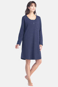 Women's EcoFleece™ Above Knee Henley Nightshirt Womens>Sleep and Lounge>Nightgown Fishers Finery Navy Small 