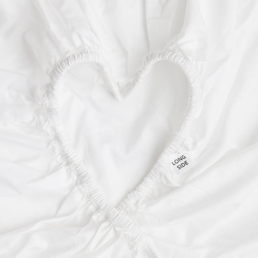 Fitted sheet elastic shaped into a heart, showing the Long Side label