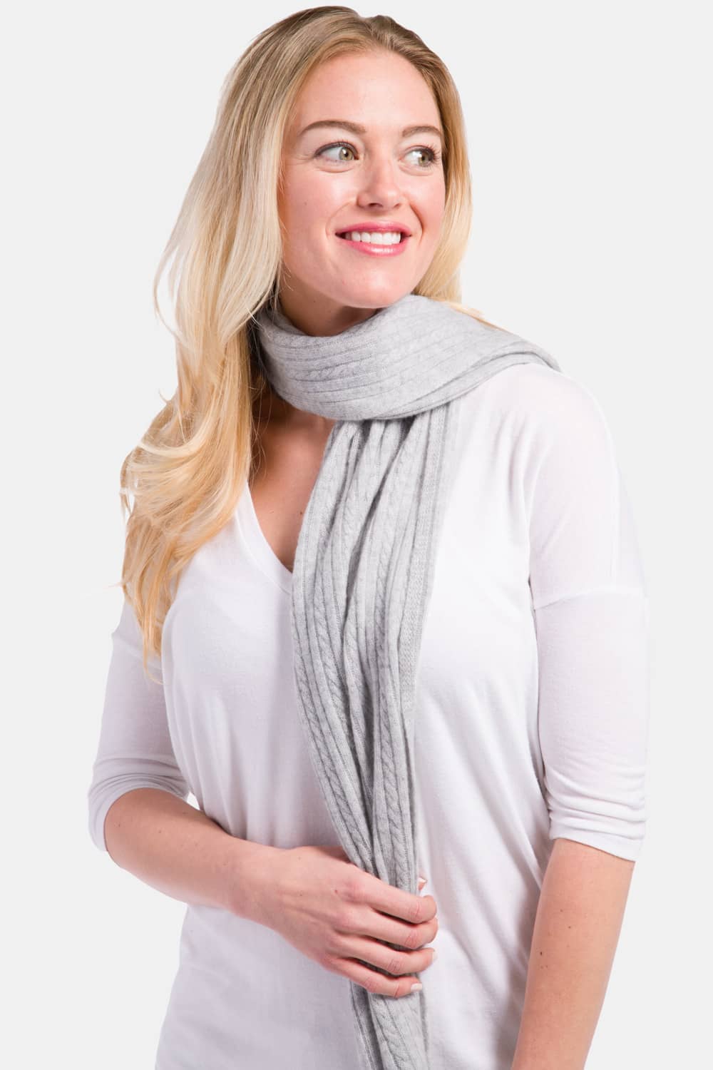 Women's 100% Cashmere Cable Knit Scarf with Gift Box Womens>Accessories>Scarf Fishers Finery Gray 