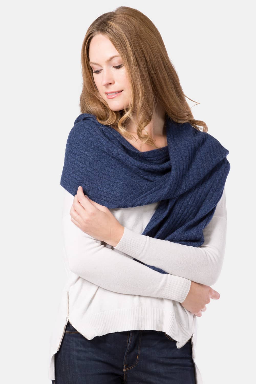 Women's 100% Cashmere Cable Knit Scarf with Gift Box Womens>Accessories>Scarf Fishers Finery Heather Navy 