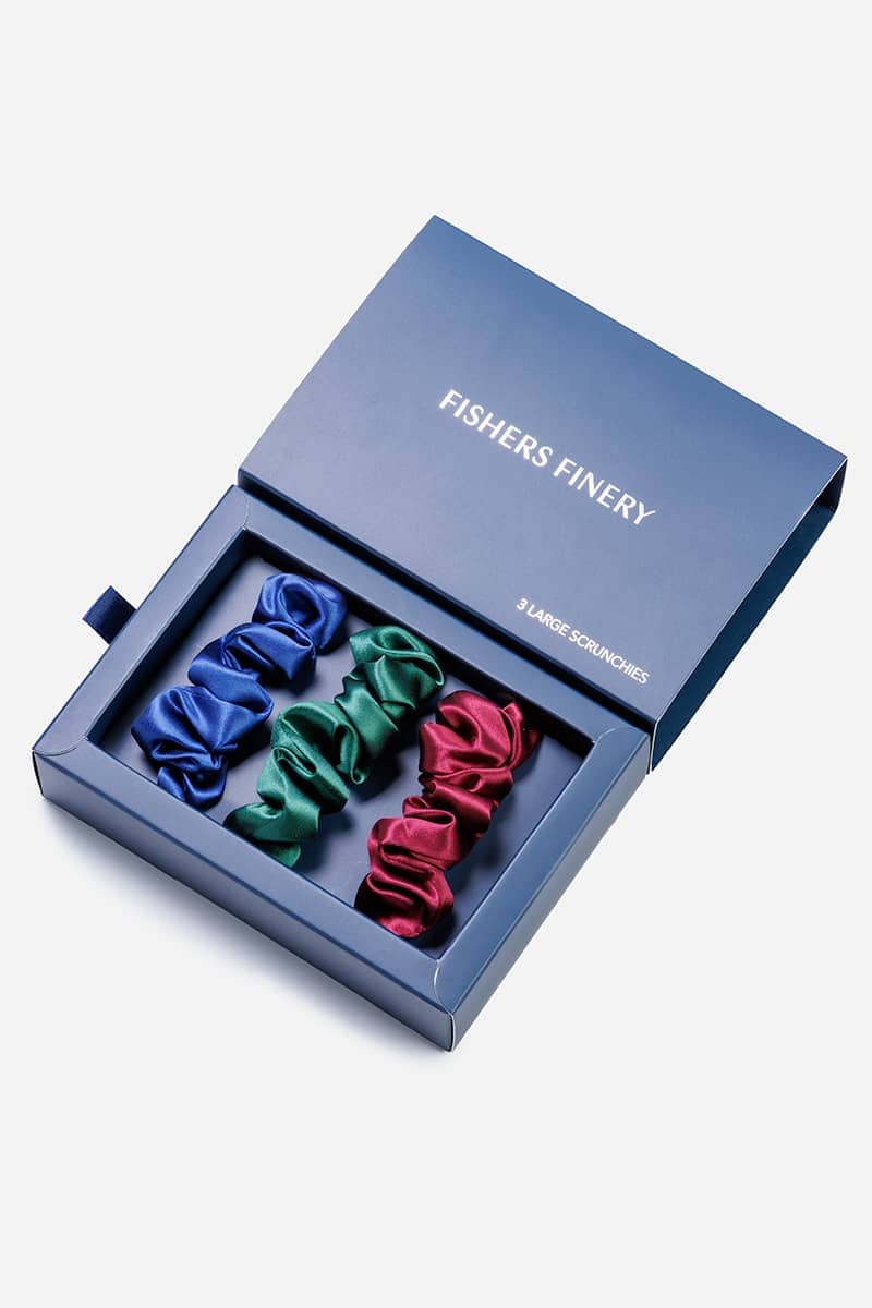 100% Pure Mulberry Silk Hair Scrunchies with Gift Box - Set of 3 Large Hair Ties Womens>Beauty>Hair Care Fishers Finery Navy|Hunter Green|Burgundy 