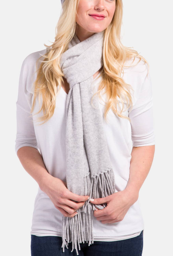 Women's 100% Pure Cashmere Knit Scarf with Fringe and Gift Box Womens>Accessories>Scarf Fishers Finery Light Gray 