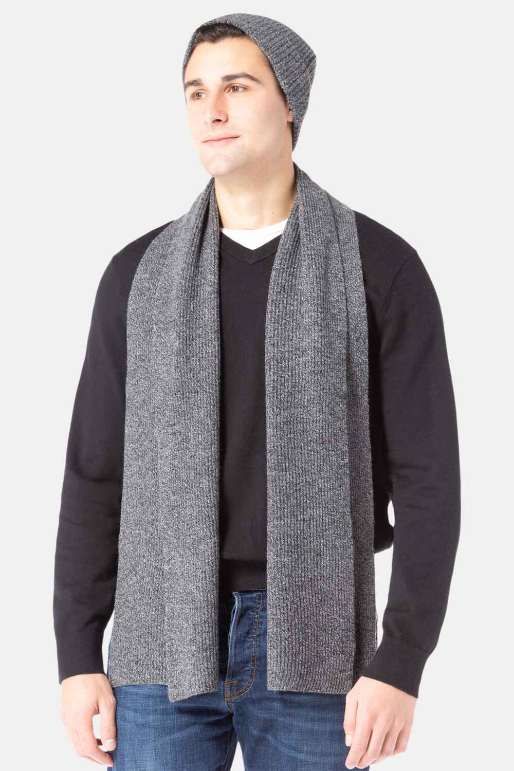 Men's 100% Pure Cashmere 2pc Rib Knit Set with Gift Box Mens>Accessories>Sets Fishers Finery Heather Gray One Size 