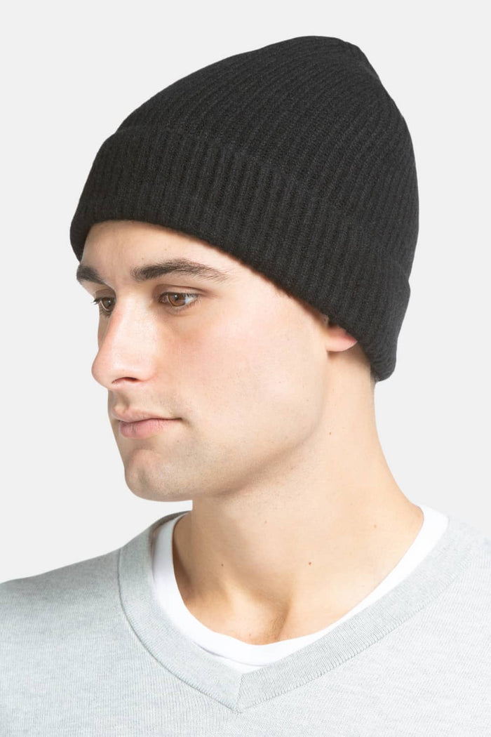 Men's 100% Pure Cashmere Ribbed Hat Mens>Accessories>Hat Fishers Finery Black One Size Fits Most 