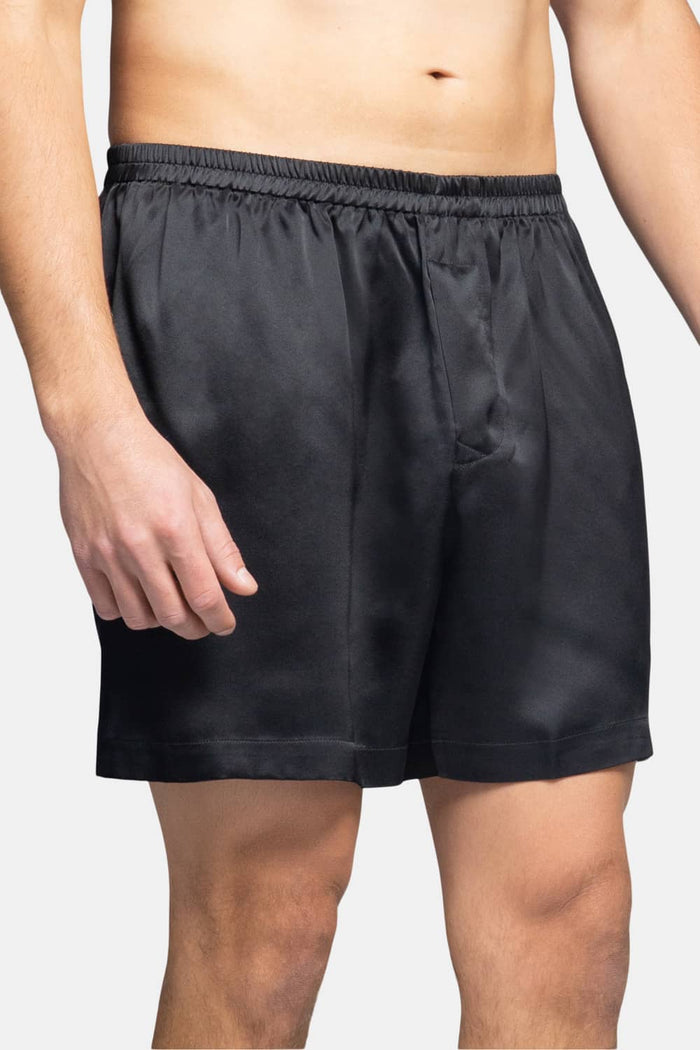 Men's 100% Pure Mulberry Silk Lounge Boxers - IMPROVED No-Roll Waistband Mens>Sleep and Lounge>Boxer Fishers Finery Moonless Night S 