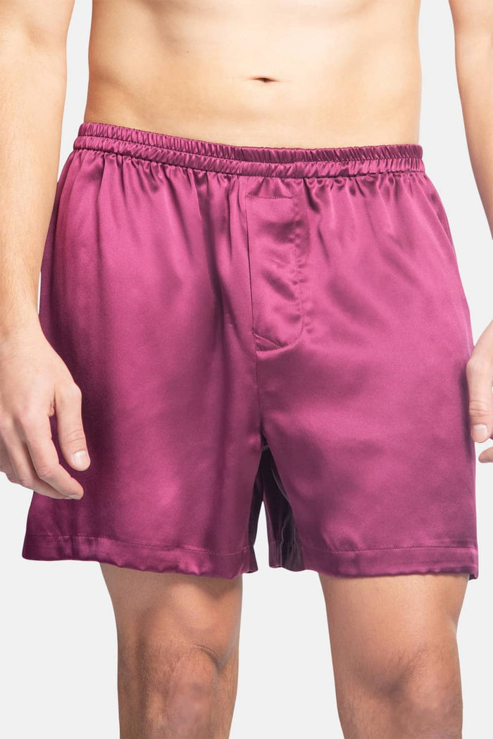 Men's 100% Pure Mulberry Silk Lounge Boxers - IMPROVED No-Roll Waistband Mens>Sleep and Lounge>Boxer Fishers Finery Burgundy S 