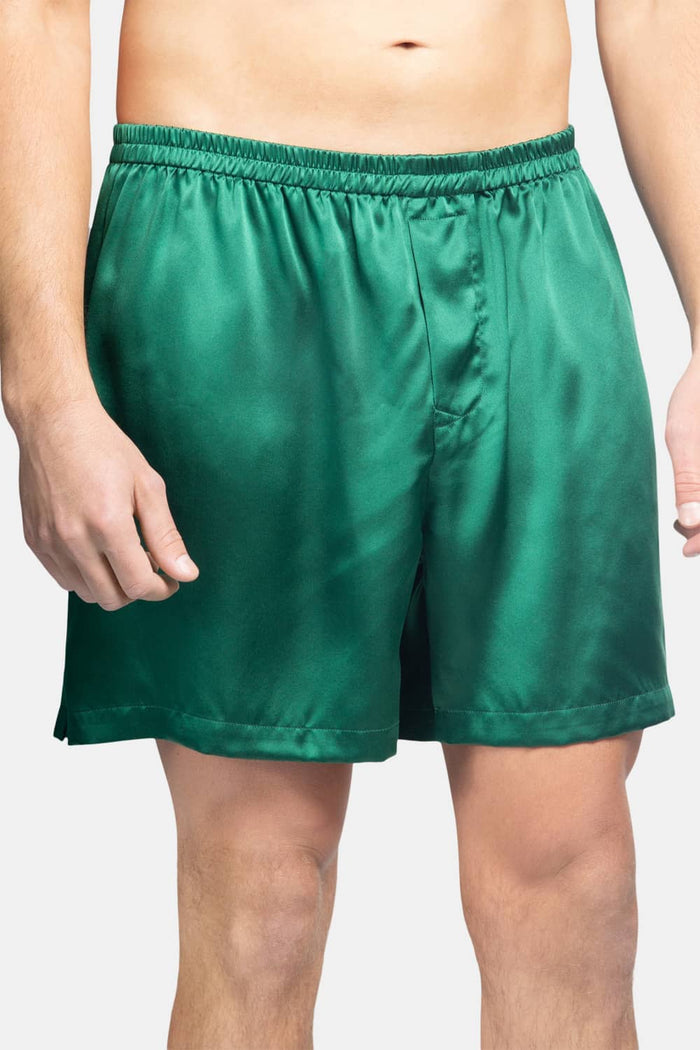 Men's 100% Pure Mulberry Silk Lounge Boxers - IMPROVED No-Roll Waistband Mens>Sleep and Lounge>Boxer Fishers Finery Hunter Green S 