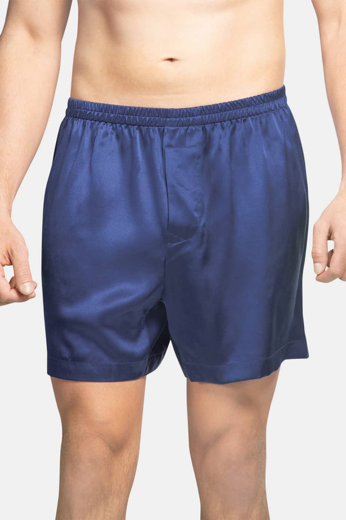 Men's 100% Pure Mulberry Silk Lounge Boxers - IMPROVED No-Roll Waistband Mens>Sleep and Lounge>Boxer Fishers Finery Ocean Blue S 