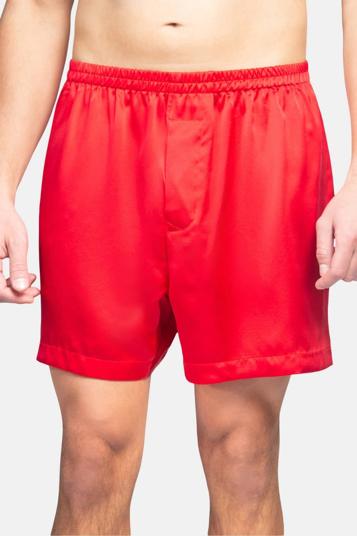 Men's 100% Pure Mulberry Silk Lounge Boxers - IMPROVED No-Roll Waistband Mens>Sleep and Lounge>Boxer Fishers Finery Romance Red S 