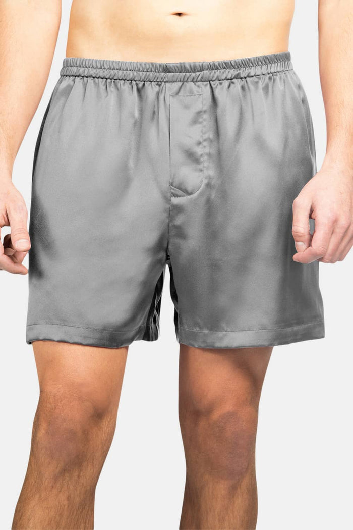 Men's 100% Pure Mulberry Silk Lounge Boxers - IMPROVED No-Roll Waistband Mens>Sleep and Lounge>Boxer Fishers Finery Silver S 