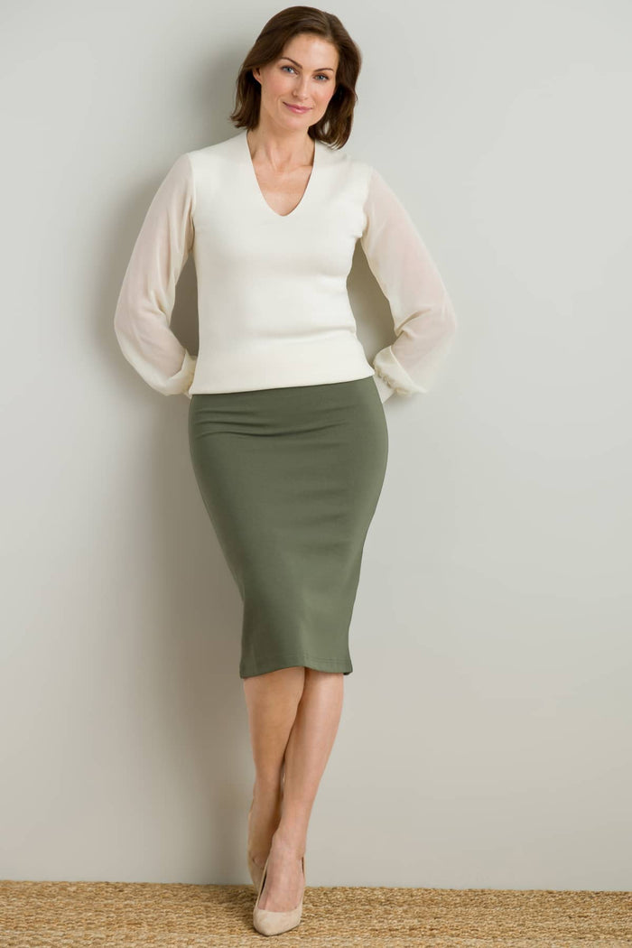 Women's Ponte Knit Midi Length Pencil Skirt Womens>Skirt Fishers Finery OLIVE X-SMALL