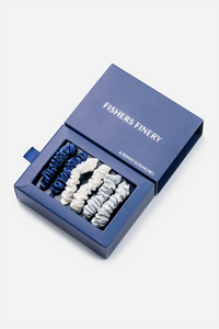 100% Pure Mulberry Silk Hair Scrunchies with Gift Box - Set of 6 Skinny Hair Ties Womens>Beauty>Hair Care Fishers Finery Dark Blue-White-Light Blue 