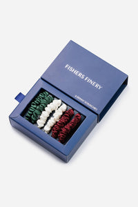 100% Pure Mulberry Silk Hair Scrunchies with Gift Box - Set of 6 Skinny Hair Ties Womens>Beauty>Hair Care Fishers Finery Green-White-Red 