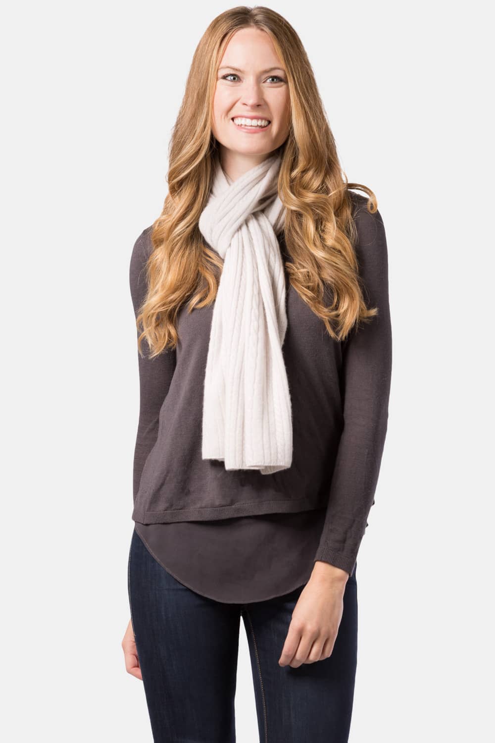 Women's 100% Cashmere Cable Knit Scarf with Gift Box Womens>Accessories>Scarf Fishers Finery Stone 