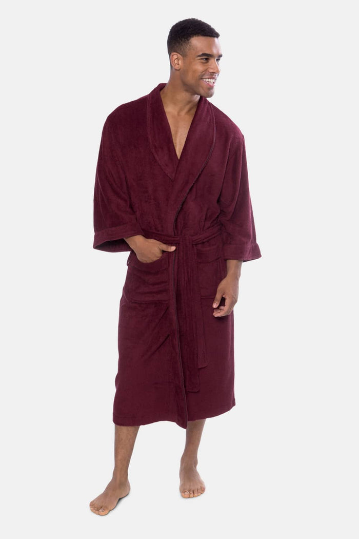 Burgundy silk robe with wide sleeves and waist tie worn by male model.