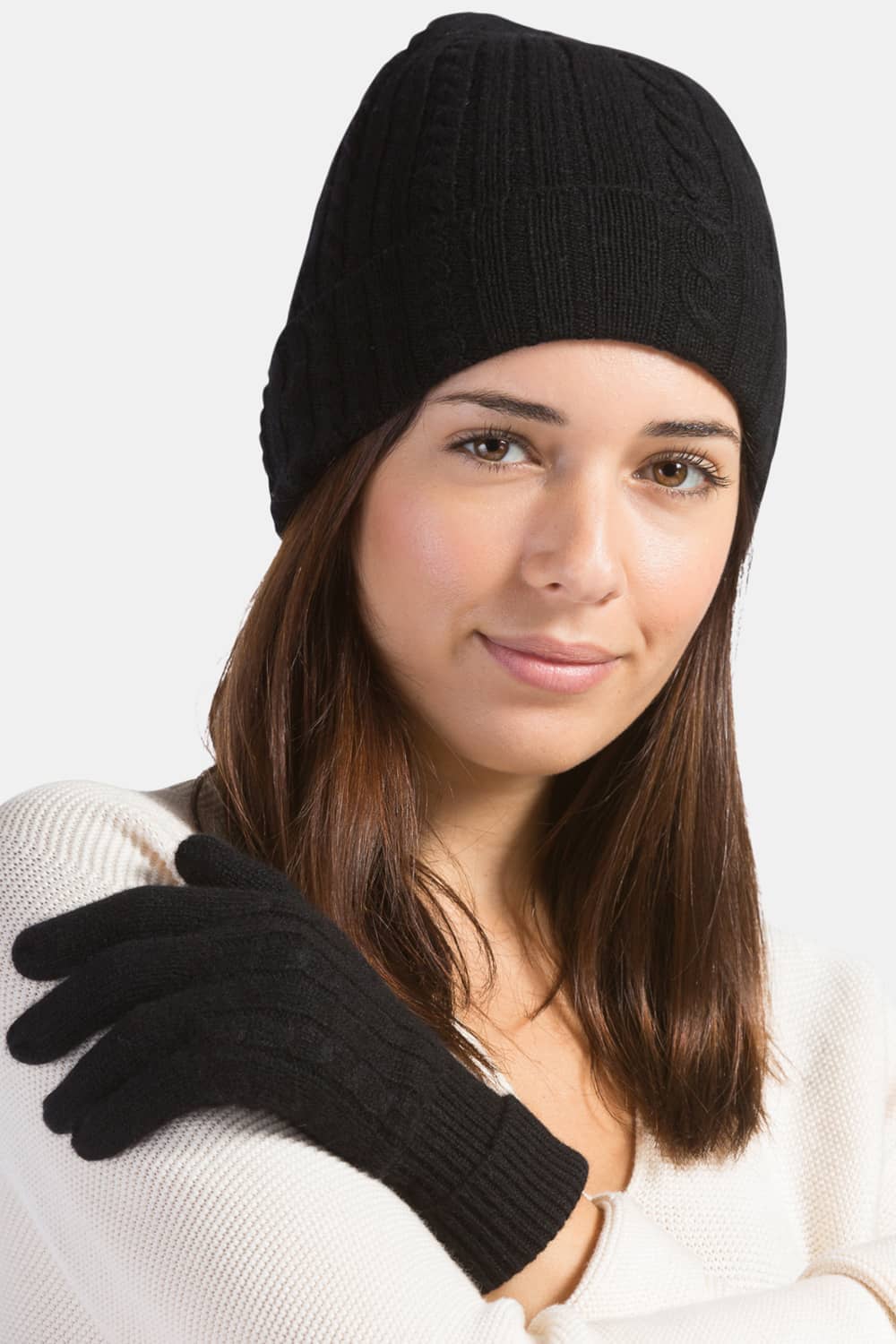 Women's 2pc 100% Pure Cashmere Cable Knit Hat & Glove Set with Gift Box Womens>Accessories>Cashmere Set Fishers Finery 