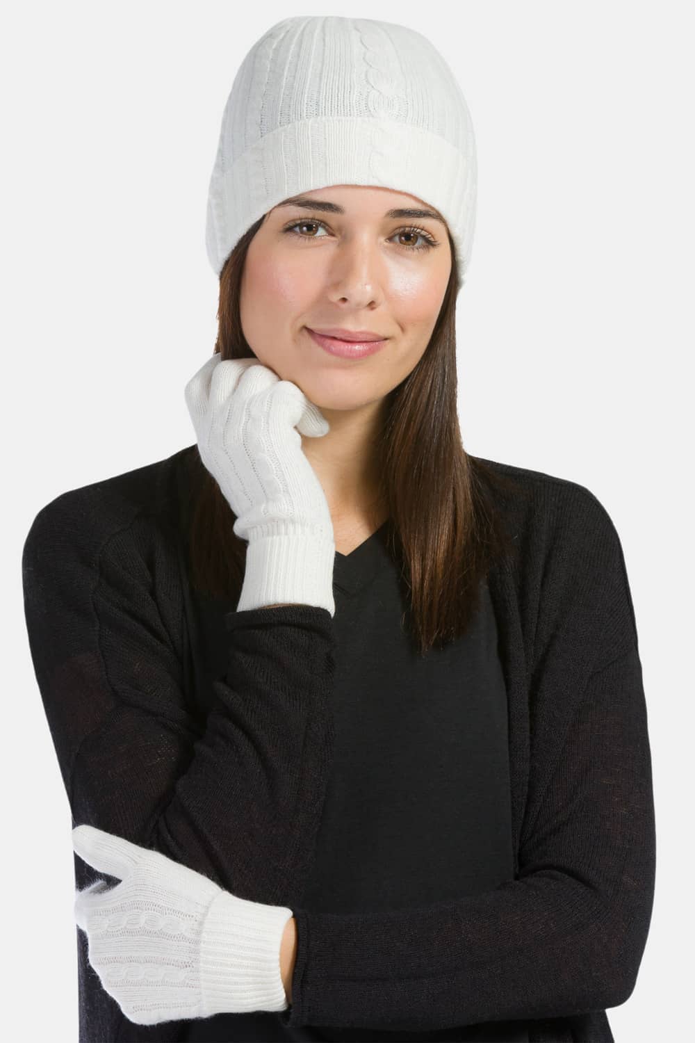 Women's 2pc 100% Pure Cashmere Cable Knit Hat & Glove Set with Gift Box Womens>Accessories>Cashmere Set Fishers Finery Cream One Size Fits Most 