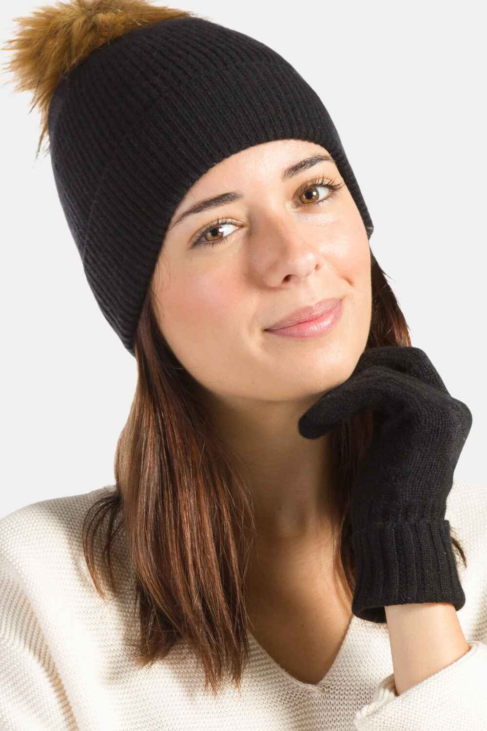 Women's 2pc 100% Cashmere Pom Beanie Hat & Glove Set with Gift Box Womens>Accessories>Hat Fishers Finery 