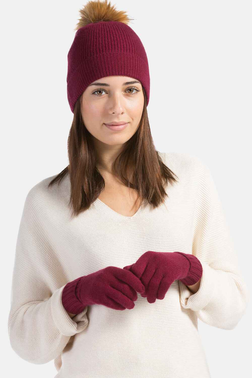 Women's 2pc 100% Cashmere Pom Beanie Hat & Glove Set with Gift Box Womens>Accessories>Hat Fishers Finery 