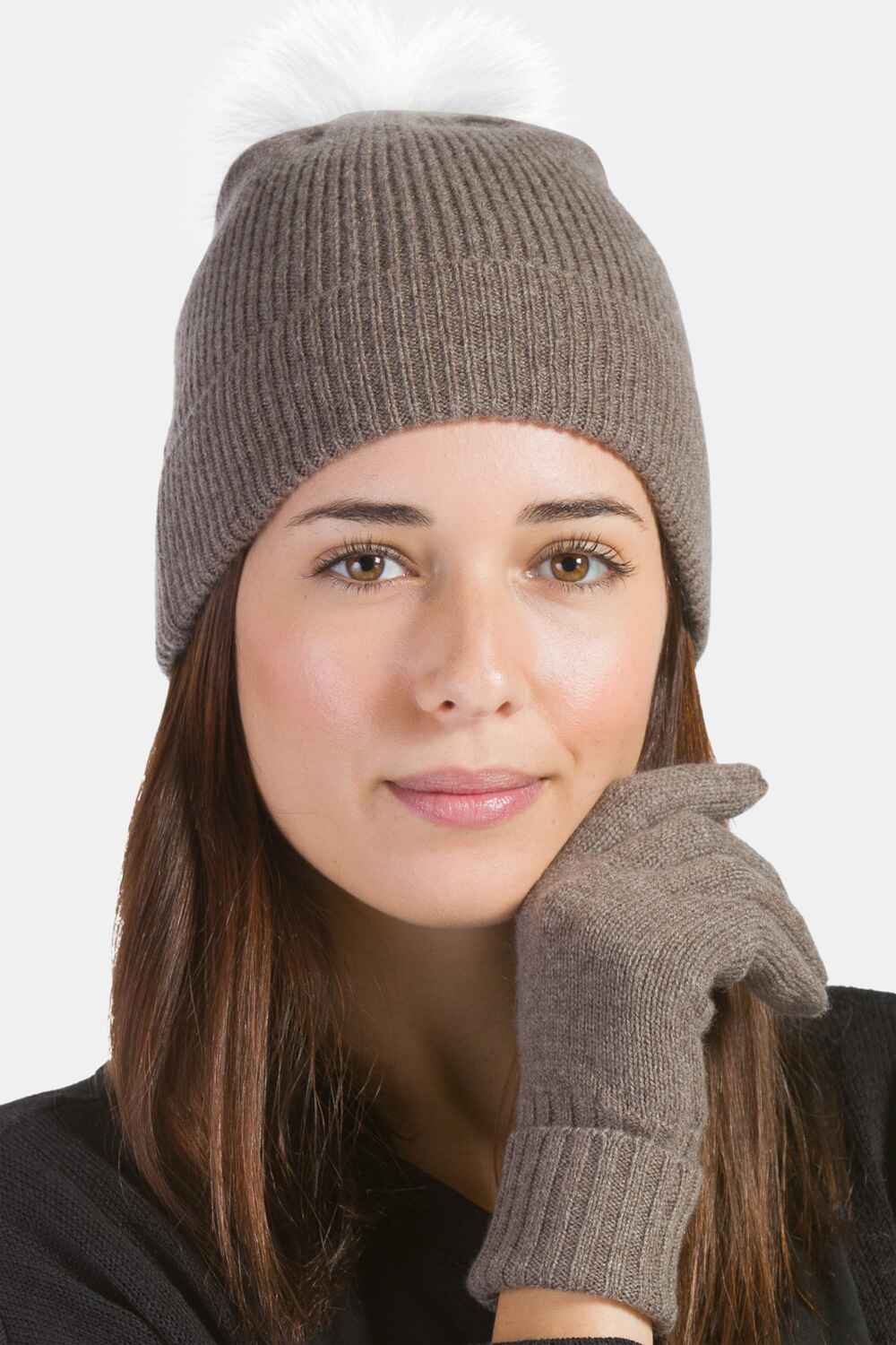 Women's 2pc 100% Cashmere Pom Beanie Hat & Glove Set with Gift Box Womens>Accessories>Hat Fishers Finery 