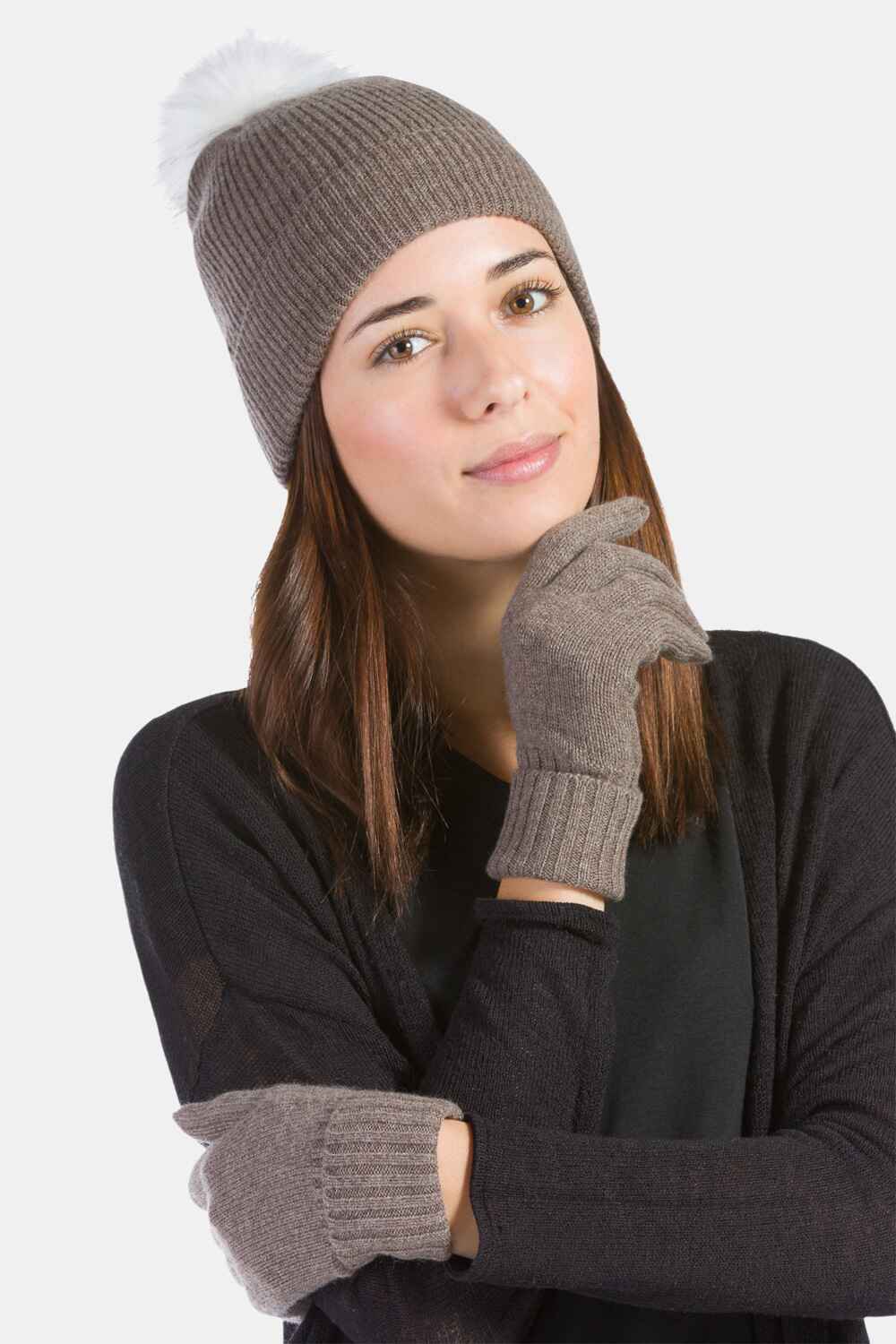 Women's 2pc 100% Cashmere Pom Beanie Hat & Glove Set with Gift Box Womens>Accessories>Hat Fishers Finery Cappuccino One Size 