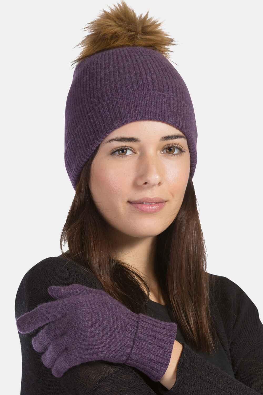 Women's 2pc 100% Cashmere Pom Beanie Hat & Glove Set with Gift Box Womens>Accessories>Hat Fishers Finery 