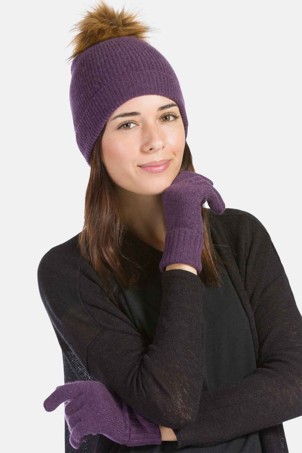 Women's 2pc 100% Cashmere Pom Beanie Hat & Glove Set with Gift Box Womens>Accessories>Hat Fishers Finery Eggplant One Size 